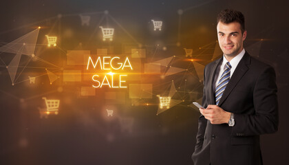Businessman thinking about shopping concept