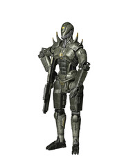 Fototapeta na wymiar Futuristic robot soldier standing guard with a gun. 3D rendering isolated on white with clipping path.