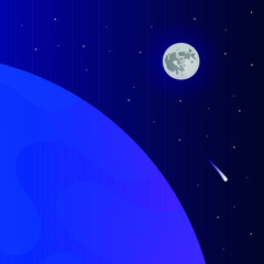 Obraz na płótnie Canvas Space landscape. Cosmic planet surface, futuristic celestial bodies landscape, stars and comets view vector background illustration. Moon at distance, close view of planet. Lifeless land.