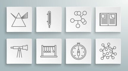 Set line Telescope, Meteorology thermometer measuring, Pendulum, Compass, Bacteria, Molecule, Open book and Light rays prism icon. Vector