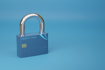 Credit card in the shape of a closed padlock with copy space. Security concept. 3d illustration.