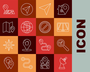 Set line Radar, Search location, Infographic of city map navigation, Paper airplane, Location the globe, Folded with marker, and Stop sign icon. Vector