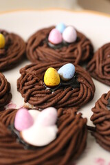 chocolate dessert with yellow and naked candies, colors of the Ukrainian flag