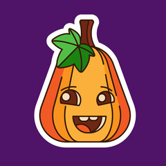 Pumpkin with a leaf, in the form of a sticker. Cute orange pumpkin with a smile for your Halloween design. A symbol of a happy Halloween holiday. Vector illustration