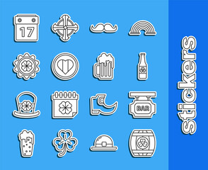 Set line Wooden barrel with four leaf clover, Street signboard inscription Bar, Beer bottle, Mustache, Heart and Happy Saint Patrick day, Bottle cap, Patrick's calendar and beer mug icon. Vector