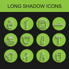 Set line Watering can, Gardening handmade scissors, Cactus succulent pot, Bucket, Flower, rake and saw icon. Vector