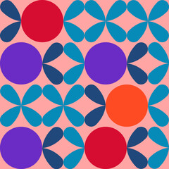 Seamless flat fruit pattern with orange, plum and apple with bright blue leaves on pink background. Suits as wallpaper, print, fabric or anything for colorful summer mood.