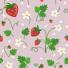 Seamless  floral pattern with strawberries on pink background with white flowers and green leaves.Suits as wallpaper, print, fabric or anything for spring and summer mood.