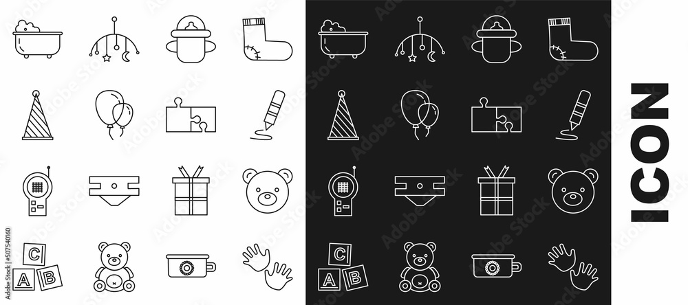 Wall mural Set line Baby hands print, Teddy bear plush toy, Wax crayon for drawing, bottle, Balloons with ribbon, Party hat, bathtub and Piece of puzzle icon. Vector