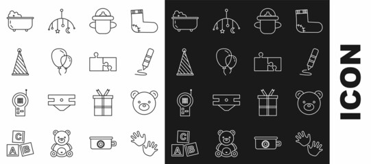 Set line Baby hands print, Teddy bear plush toy, Wax crayon for drawing, bottle, Balloons with ribbon, Party hat, bathtub and Piece of puzzle icon. Vector