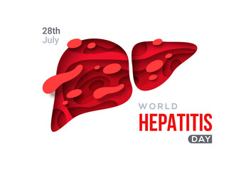 World hepatitis day poster, paper cut 3d red liver icon. Vector illustration. Hepatic desease, cancer and cirrhosis abstract concept graphic.