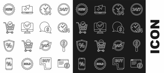 Set line Online shopping on screen, Magnifying glass and dollar, Clock 24 hours, Computer monitor, Shopping cart with check mark, Price tag New and Speech bubble icon. Vector