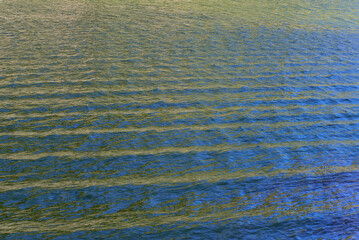 Background image of waves on a large body of wter, reflecting colors from green to blue.