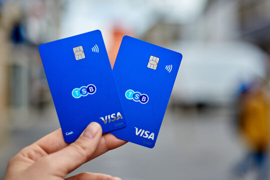 United Kingdom, Newcastle, May 27, 2022: TSB Bank's new cards are close-up.