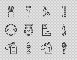 Set line Aftershave bottle with atomizer, Hand mirror, Straight razor, Classic Barber shop pole, Shaving brush, Barbershop, and icon. Vector