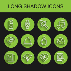 Set line Envelope with Valentine heart, Balloons form of, Please do not disturb, Candy shaped box, Condom package, Heart speech bubble and Wedding rings icon. Vector