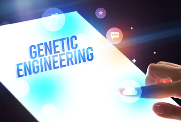 Holding futuristic tablet, new media concept