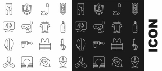 Set line Location with anchor, Knife, Aqualung, Snorkel, Diving mask and snorkel, Scallop sea shell, Wetsuit and icon. Vector