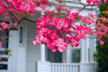 Beautiful large pink flowers on the tree. Spring flowering near the white veranda of the house.
 - Powered by Adobe