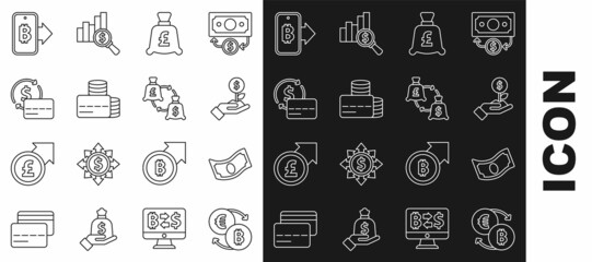 Set line Cryptocurrency exchange, Stacks paper money cash, Dollar plant, Coin with pound, Credit card, Mining bitcoin from mobile and Currency icon. Vector