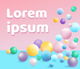 pink and blue background with colorful  3D bouncing balls and space for text, pastel and gentle but fun and happy colors. 

handmade vector illustratione, eps 10