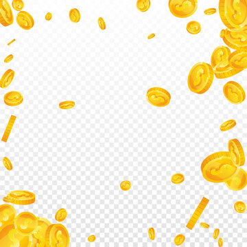 American dollar coins falling. Extraordinary scattered USD coins. USA money. Positive jackpot, wealth or success concept. Vector illustration.