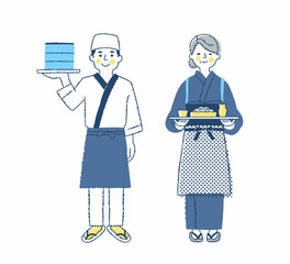 蕎麦屋うどん屋の店員　男女