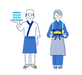 蕎麦屋うどん屋の店員　男女