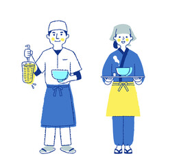 蕎麦屋うどん屋の店員　男女