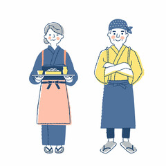 蕎麦屋うどん屋の店員　男女