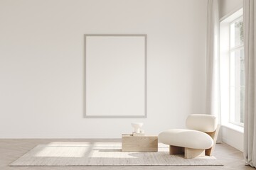 White room with armchair and a coffee table, empty frame on the wall. Light and shadows on the foor. 3D rendering, layout for art presentation
