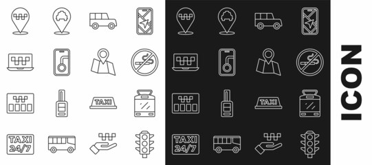 Set line Traffic light, Tram and railway, No Smoking, Car, City map navigation, Laptop call taxi service, Location with and Folded location icon. Vector