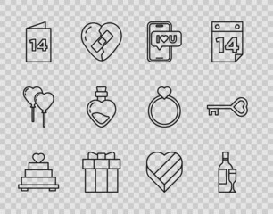 Set line Wedding cake with heart, Champagne bottle, Mobile, Gift box, Greeting card, Bottle love potion, Candy shaped and Key icon. Vector