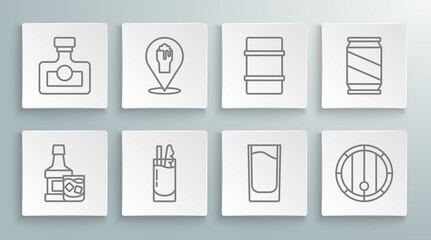Set line Whiskey bottle and glass, Alcohol or beer bar location, Cocktail Bloody Mary, Shot, Wooden barrel, Metal keg, Beer can and drink Rum icon. Vector