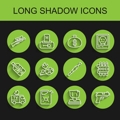 Set line TV News car, Canister fuel, Sniper rifle with scope, Kidnaping, Pistol or gun, Burning, Dynamite and timer clock and Marijuana joint icon. Vector