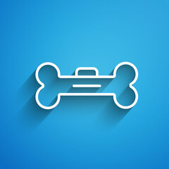 White line Dog bone icon isolated on blue background. Pets food symbol. Long shadow. Vector