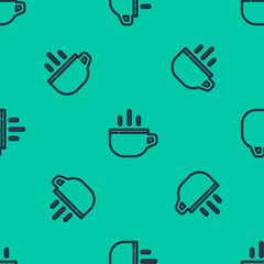 Blue line Coffee cup icon isolated seamless pattern on green background. Tea cup. Hot drink coffee. Vector