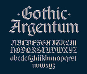 Gothic beveled font,decorative silver metallic 3d blackletter typeface. Uppercase and lowercase. Vector illustration. 