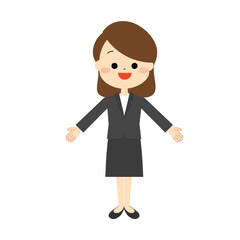 両手を広げているスーツを着た女性