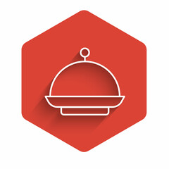 White line Christmas covered with a tray of food icon isolated with long shadow. Tray and lid sign. Merry Christmas and Happy New Year. Red hexagon button. Vector