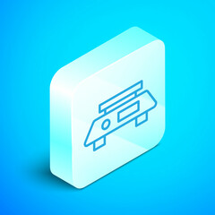 Isometric line Electronic scales icon isolated on blue background. Weight measure equipment. Silver square button. Vector