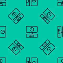 Blue line Smart Tv time icon isolated seamless pattern on green background. Television sign. Vector