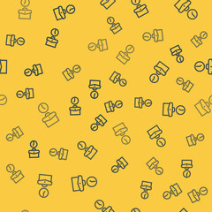 Blue line Work time icon isolated seamless pattern on yellow background. Office worker. Working hours. Business briefcase. Vector