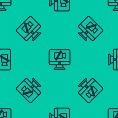 Blue line Video camera Off on computer icon isolated seamless pattern on green background. No video. Vector