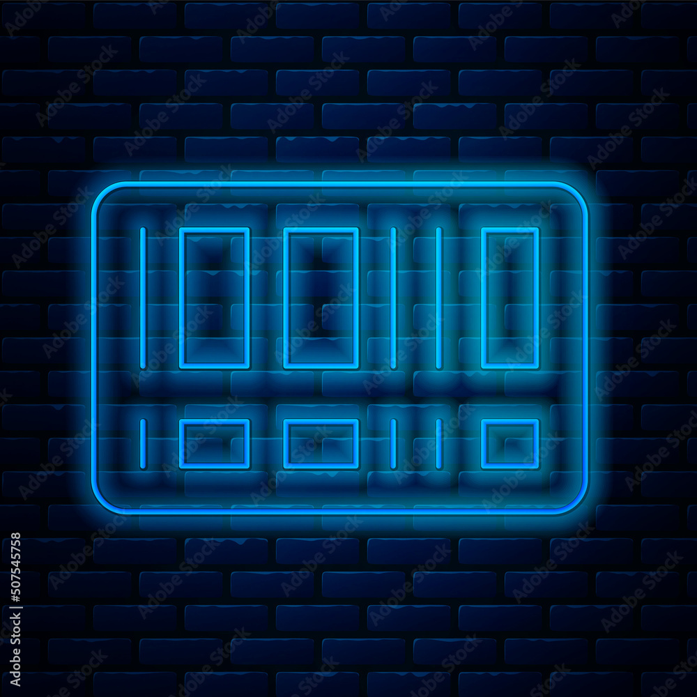 Poster Glowing neon line Barcode icon isolated on brick wall background. Vector