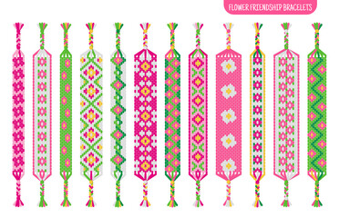 Fototapeta premium Pink flower handmade friendship bracelets set of threads or beads. Macrame normal pattern tutorial.