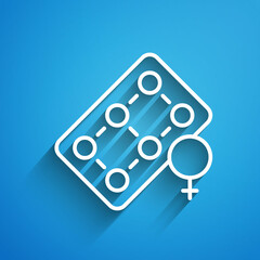 White line Packaging of birth control pills icon isolated on blue background. Contraceptive pill. Long shadow. Vector
