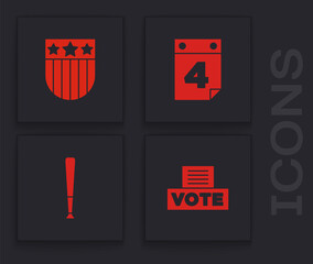 Set Vote box, Shield with stars, Calendar date July 4 and Baseball bat icon. Vector