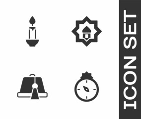 Set Qibla, Burning candle, Turkish hat and Muslim Mosque icon. Vector