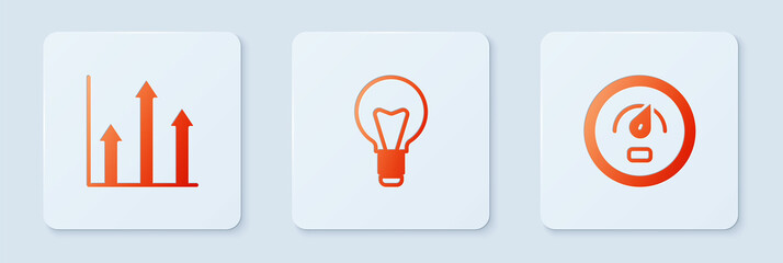 Set Light bulb, Pie chart infographic and Digital speed meter. White square button. Vector